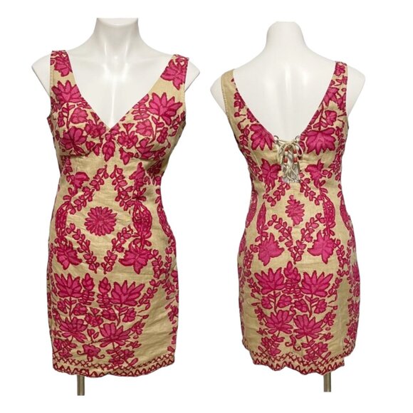 Plenty by Tracy Reece Anthropologie Size 8 Beige Floral Linen Back Lace Up Dress - Picture 1 of 5